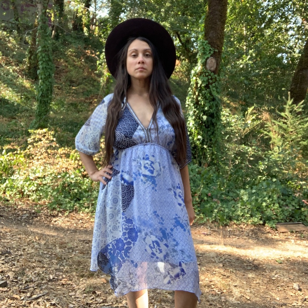 Blue floral patterned prairie dress